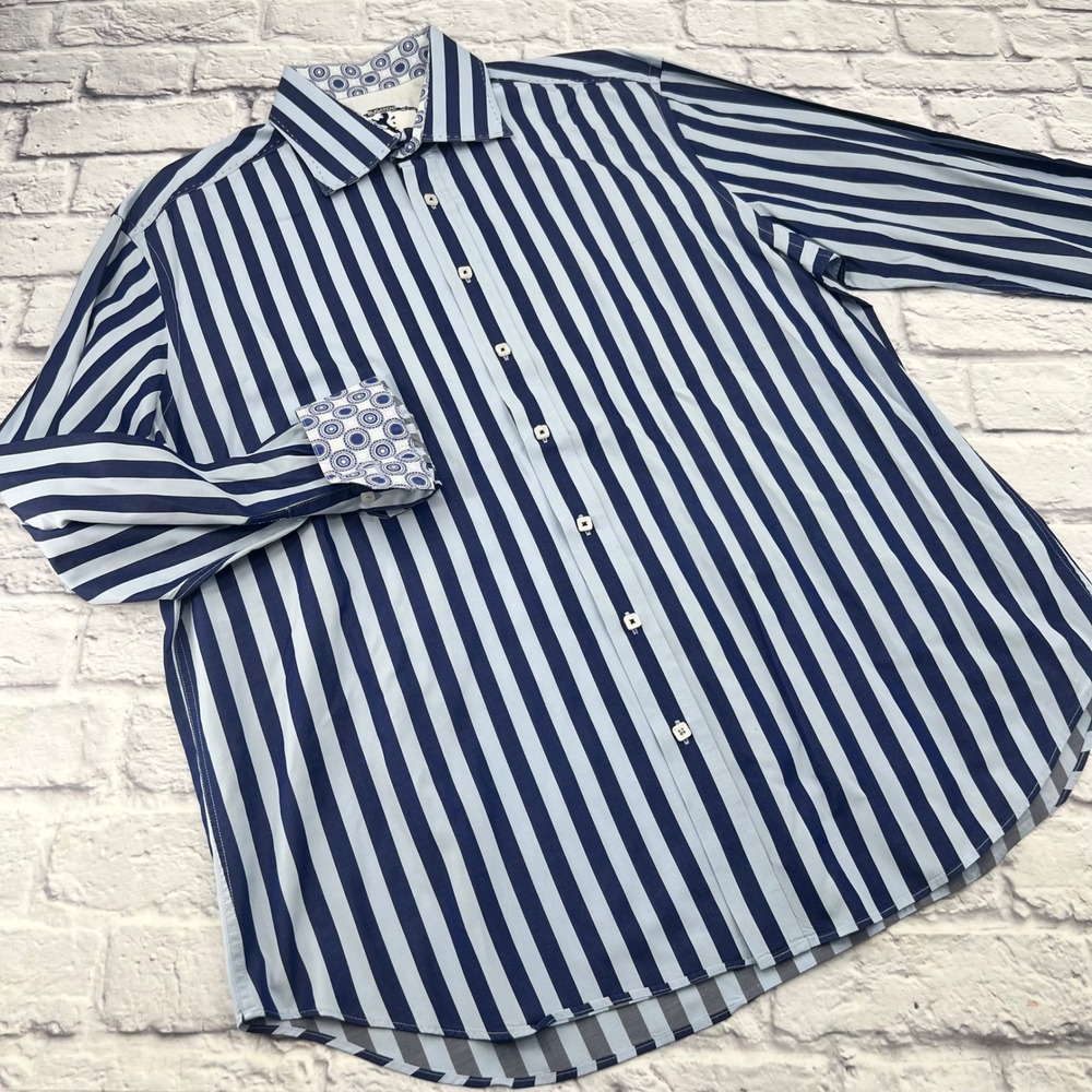 Bugatchi Mens XXL Blue Striped Long Sleeve Button Up Shirt Flip Cuffs Cotton